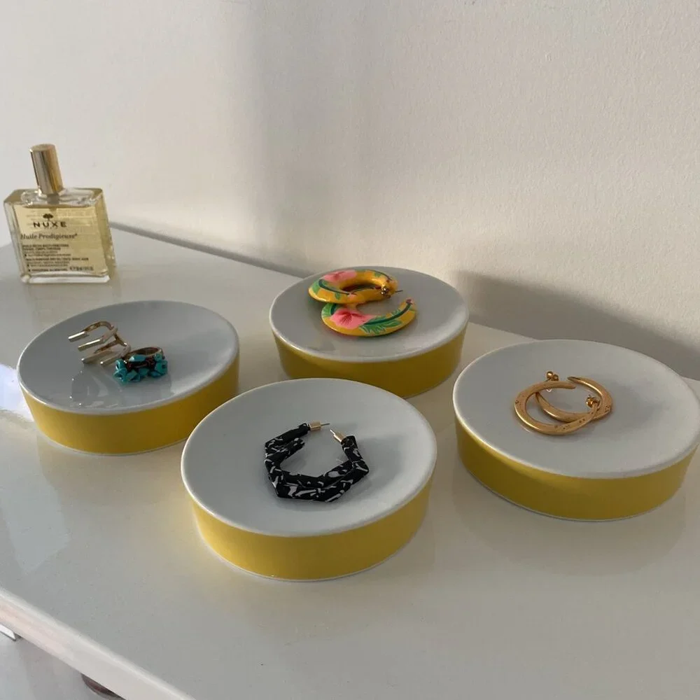 Set of 4 West Elm Trinket Trays / Catchalls in Yellow and White, Decorative Acce